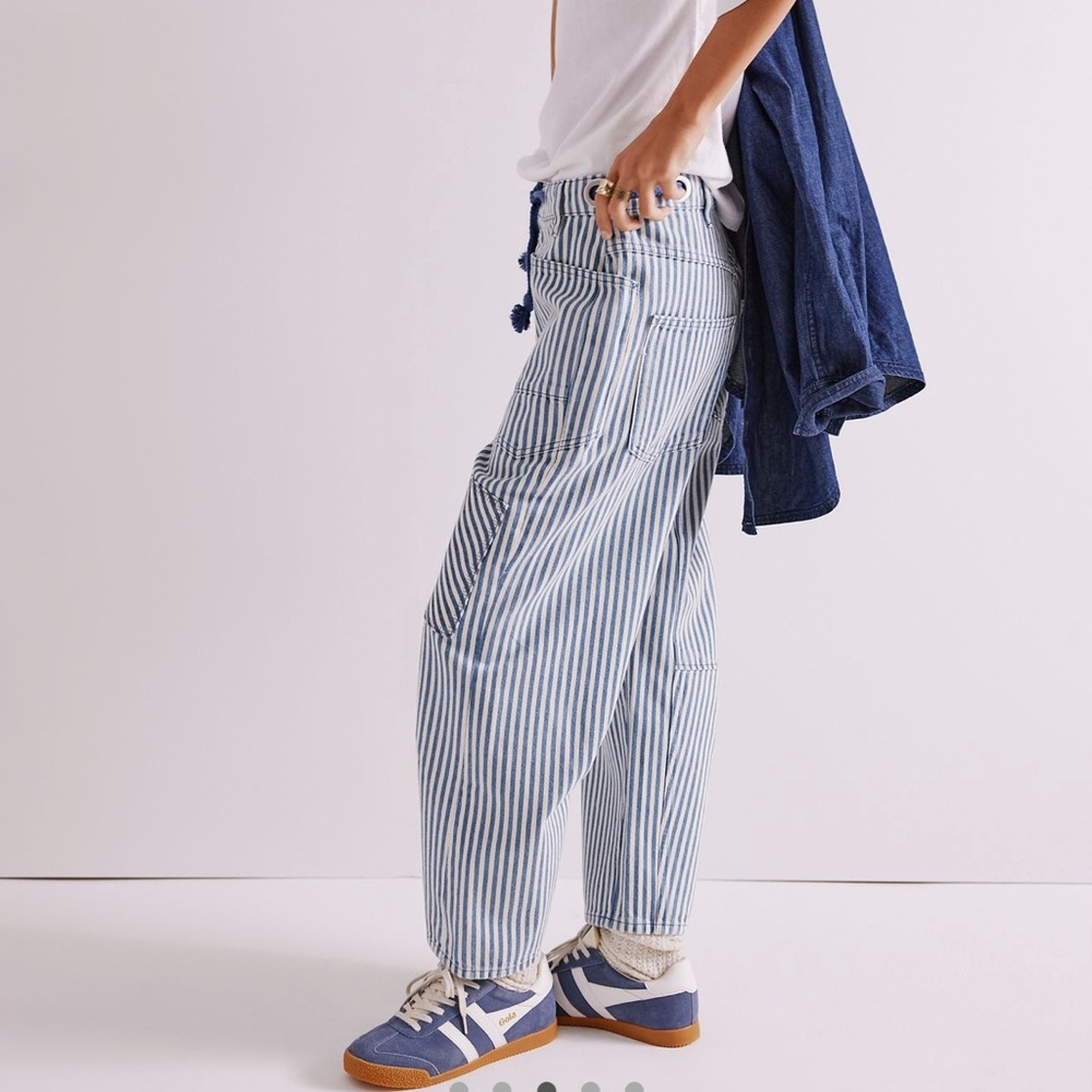 FREE PEOPLE RAILROAD LOW SLUNG JEANS - MINTY RAILROAD STRIPE - Picture 4 of 12